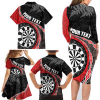 Personalised New Zealand Darts Family Matching Long Sleeve Bodycon Dress and Hawaiian Shirt Koru Tribal Tattoo and Silver Fern Maori Pattern Red Color LT03 - Polynesian Pride