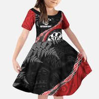 Personalised New Zealand Darts Family Matching Off Shoulder Maxi Dress and Hawaiian Shirt Koru Tribal Tattoo and Silver Fern Maori Pattern Red Color LT03 Daughter's Dress Red - Polynesian Pride