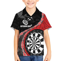Personalised New Zealand Darts Family Matching Off Shoulder Maxi Dress and Hawaiian Shirt Koru Tribal Tattoo and Silver Fern Maori Pattern Red Color LT03 Son's Shirt Red - Polynesian Pride
