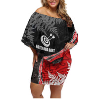 Personalised New Zealand Darts Family Matching Off Shoulder Short Dress and Hawaiian Shirt Koru Tribal Tattoo and Silver Fern Maori Pattern Red Color LT03 Mom's Dress Red - Polynesian Pride