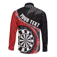 Personalised New Zealand Darts Long Sleeve Button Shirt Koru Tribal Tattoo and Silver Fern Maori Pattern Red Color LT03 - Polynesian Pride