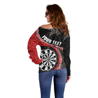 Personalised New Zealand Darts Off Shoulder Sweater Koru Tribal Tattoo and Silver Fern Maori Pattern Red Color LT03 - Polynesian Pride