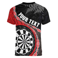 Personalised New Zealand Darts Women V-Neck T-Shirt Koru Tribal Tattoo and Silver Fern Maori Pattern Red Color LT03 - Polynesian Pride