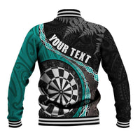Personalised New Zealand Darts Baseball Jacket Koru Tribal Tattoo and Silver Fern Maori Pattern Teal Color LT03 - Polynesian Pride