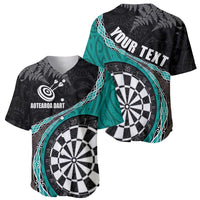 Personalised New Zealand Darts Baseball Jersey Koru Tribal Tattoo and Silver Fern Maori Pattern Teal Color LT03 - Polynesian Pride