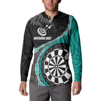 Personalised New Zealand Darts Button Sweatshirt Koru Tribal Tattoo and Silver Fern Maori Pattern Teal Color LT03 - Polynesian Pride