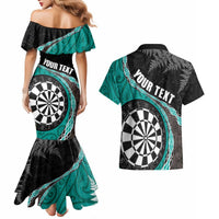 Personalised New Zealand Darts Couples Matching Mermaid Dress and Hawaiian Shirt Koru Tribal Tattoo and Silver Fern Maori Pattern Teal Color LT03 - Polynesian Pride