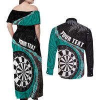Personalised New Zealand Darts Couples Matching Off Shoulder Maxi Dress and Long Sleeve Button Shirt Koru Tribal Tattoo and Silver Fern Maori Pattern Teal Color LT03 - Polynesian Pride