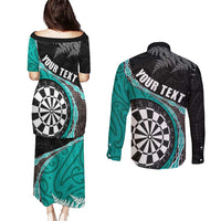 Personalised New Zealand Darts Couples Matching Puletasi and Long Sleeve Button Shirt Koru Tribal Tattoo and Silver Fern Maori Pattern Teal Color LT03 - Polynesian Pride