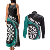 Personalised New Zealand Darts Couples Matching Tank Maxi Dress and Long Sleeve Button Shirt Koru Tribal Tattoo and Silver Fern Maori Pattern Teal Color LT03 - Polynesian Pride