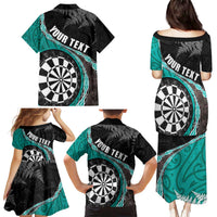 Personalised New Zealand Darts Family Matching Puletasi and Hawaiian Shirt Koru Tribal Tattoo and Silver Fern Maori Pattern Teal Color LT03 - Polynesian Pride
