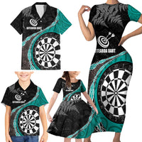 Personalised New Zealand Darts Family Matching Short Sleeve Bodycon Dress and Hawaiian Shirt Koru Tribal Tattoo and Silver Fern Maori Pattern Teal Color LT03 - Polynesian Pride
