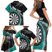 Personalised New Zealand Darts Family Matching Short Sleeve Bodycon Dress and Hawaiian Shirt Koru Tribal Tattoo and Silver Fern Maori Pattern Teal Color LT03 - Polynesian Pride