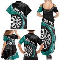 Personalised New Zealand Darts Family Matching Summer Maxi Dress and Hawaiian Shirt Koru Tribal Tattoo and Silver Fern Maori Pattern Teal Color LT03 - Polynesian Pride