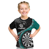 Personalised New Zealand Darts Kid T Shirt Koru Tribal Tattoo and Silver Fern Maori Pattern Teal Color LT03 Teal - Polynesian Pride
