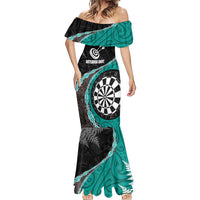 Personalised New Zealand Darts Mermaid Dress Koru Tribal Tattoo and Silver Fern Maori Pattern Teal Color LT03 - Polynesian Pride
