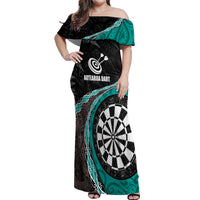 Personalised New Zealand Darts Off Shoulder Maxi Dress Koru Tribal Tattoo and Silver Fern Maori Pattern Teal Color LT03 Women Teal - Polynesian Pride