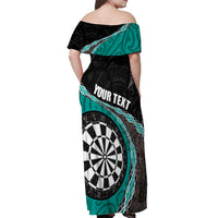 Personalised New Zealand Darts Off Shoulder Maxi Dress Koru Tribal Tattoo and Silver Fern Maori Pattern Teal Color LT03 - Polynesian Pride