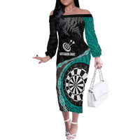 Personalised New Zealand Darts Off The Shoulder Long Sleeve Dress Koru Tribal Tattoo and Silver Fern Maori Pattern Teal Color LT03 Women Teal - Polynesian Pride