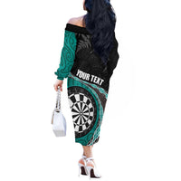 Personalised New Zealand Darts Off The Shoulder Long Sleeve Dress Koru Tribal Tattoo and Silver Fern Maori Pattern Teal Color LT03 - Polynesian Pride