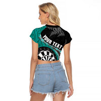 Personalised New Zealand Darts Raglan Cropped T Shirt Koru Tribal Tattoo and Silver Fern Maori Pattern Teal Color LT03 - Polynesian Pride
