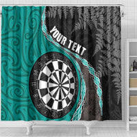 Personalised New Zealand Darts Shower Curtain Koru Tribal Tattoo and Silver Fern Maori Pattern Teal Color LT03 - Polynesian Pride