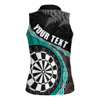 Personalised New Zealand Darts Women Sleeveless Polo Shirt Koru Tribal Tattoo and Silver Fern Maori Pattern Teal Color LT03 - Polynesian Pride