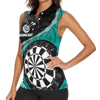 Personalised New Zealand Darts Women Sleeveless Polo Shirt Koru Tribal Tattoo and Silver Fern Maori Pattern Teal Color LT03 - Polynesian Pride