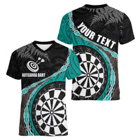 Personalised New Zealand Darts Women V-Neck T-Shirt Koru Tribal Tattoo and Silver Fern Maori Pattern Teal Color LT03 - Polynesian Pride