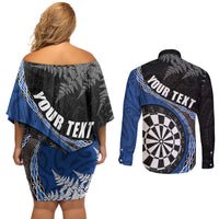 Personalised New Zealand Darts Couples Matching Off Shoulder Short Dress and Long Sleeve Button Shirt Koru Tribal Tattoo and Silver Fern Maori Pattern Blue Color LT03 - Polynesian Pride