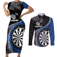 Personalised New Zealand Darts Couples Matching Short Sleeve Bodycon Dress and Long Sleeve Button Shirt Koru Tribal Tattoo and Silver Fern Maori Pattern Blue Color LT03 Blue - Polynesian Pride