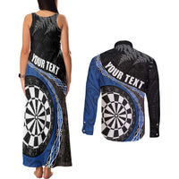 Personalised New Zealand Darts Couples Matching Tank Maxi Dress and Long Sleeve Button Shirt Koru Tribal Tattoo and Silver Fern Maori Pattern Blue Color LT03 - Polynesian Pride