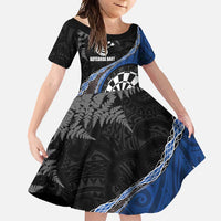 Personalised New Zealand Darts Family Matching Mermaid Dress and Hawaiian Shirt Koru Tribal Tattoo and Silver Fern Maori Pattern Blue Color LT03 Daughter's Dress Blue - Polynesian Pride