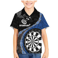 Personalised New Zealand Darts Family Matching Mermaid Dress and Hawaiian Shirt Koru Tribal Tattoo and Silver Fern Maori Pattern Blue Color LT03 Son's Shirt Blue - Polynesian Pride