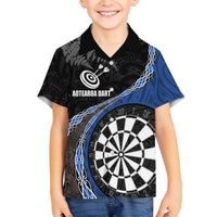 Personalised New Zealand Darts Family Matching Off The Shoulder Long Sleeve Dress and Hawaiian Shirt Koru Tribal Tattoo and Silver Fern Maori Pattern Blue Color LT03 Son's Shirt Blue - Polynesian Pride
