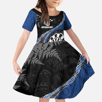 Personalised New Zealand Darts Family Matching Off Shoulder Maxi Dress and Hawaiian Shirt Koru Tribal Tattoo and Silver Fern Maori Pattern Blue Color LT03 Daughter's Dress Blue - Polynesian Pride