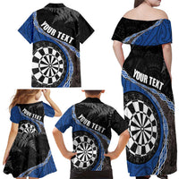 Personalised New Zealand Darts Family Matching Off Shoulder Maxi Dress and Hawaiian Shirt Koru Tribal Tattoo and Silver Fern Maori Pattern Blue Color LT03 - Polynesian Pride