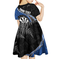 Personalised New Zealand Darts Kid Short Sleeve Dress Koru Tribal Tattoo and Silver Fern Maori Pattern Blue Color LT03 - Polynesian Pride