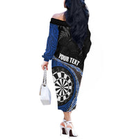 Personalised New Zealand Darts Off The Shoulder Long Sleeve Dress Koru Tribal Tattoo and Silver Fern Maori Pattern Blue Color LT03 - Polynesian Pride