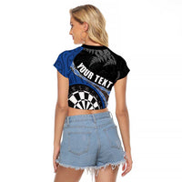 Personalised New Zealand Darts Raglan Cropped T Shirt Koru Tribal Tattoo and Silver Fern Maori Pattern Blue Color LT03 - Polynesian Pride