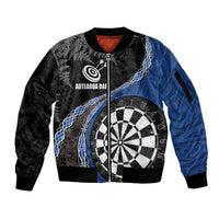 Personalised New Zealand Darts Sleeve Zip Bomber Jacket Koru Tribal Tattoo and Silver Fern Maori Pattern Blue Color LT03 Unisex Blue - Polynesian Pride