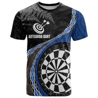 Personalised New Zealand Darts T Shirt Koru Tribal Tattoo and Silver Fern Maori Pattern Blue Color LT03 Blue - Polynesian Pride