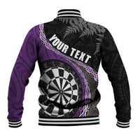 Personalised New Zealand Darts Baseball Jacket Koru Tribal Tattoo and Silver Fern Maori Pattern Purple Color LT03 - Polynesian Pride