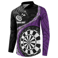 Personalised New Zealand Darts Button Sweatshirt Koru Tribal Tattoo and Silver Fern Maori Pattern Purple Color LT03 - Polynesian Pride