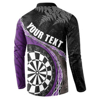Personalised New Zealand Darts Button Sweatshirt Koru Tribal Tattoo and Silver Fern Maori Pattern Purple Color LT03 - Polynesian Pride
