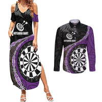 Personalised New Zealand Darts Couples Matching Summer Maxi Dress and Long Sleeve Button Shirt Koru Tribal Tattoo and Silver Fern Maori Pattern Purple Color LT03 Purple - Polynesian Pride