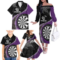 Personalised New Zealand Darts Family Matching Off The Shoulder Long Sleeve Dress and Hawaiian Shirt Koru Tribal Tattoo and Silver Fern Maori Pattern Purple Color LT03 - Polynesian Pride