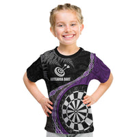 Personalised New Zealand Darts Kid T Shirt Koru Tribal Tattoo and Silver Fern Maori Pattern Purple Color LT03 Purple - Polynesian Pride