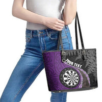 Personalised New Zealand Darts Leather Tote Bag Koru Tribal Tattoo and Silver Fern Maori Pattern Purple Color LT03 - Polynesian Pride
