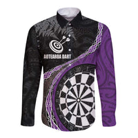 Personalised New Zealand Darts Long Sleeve Button Shirt Koru Tribal Tattoo and Silver Fern Maori Pattern Purple Color LT03 Unisex Purple - Polynesian Pride